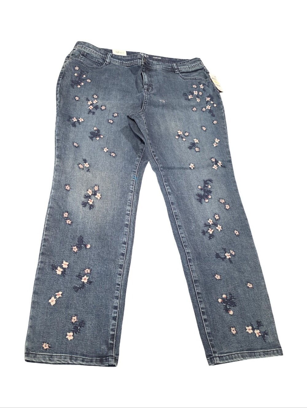 Style & Co. Blue Straight-Leg Jeans with Pink Floral Embroidery Plus Size 18 New - Picture 2 of 10